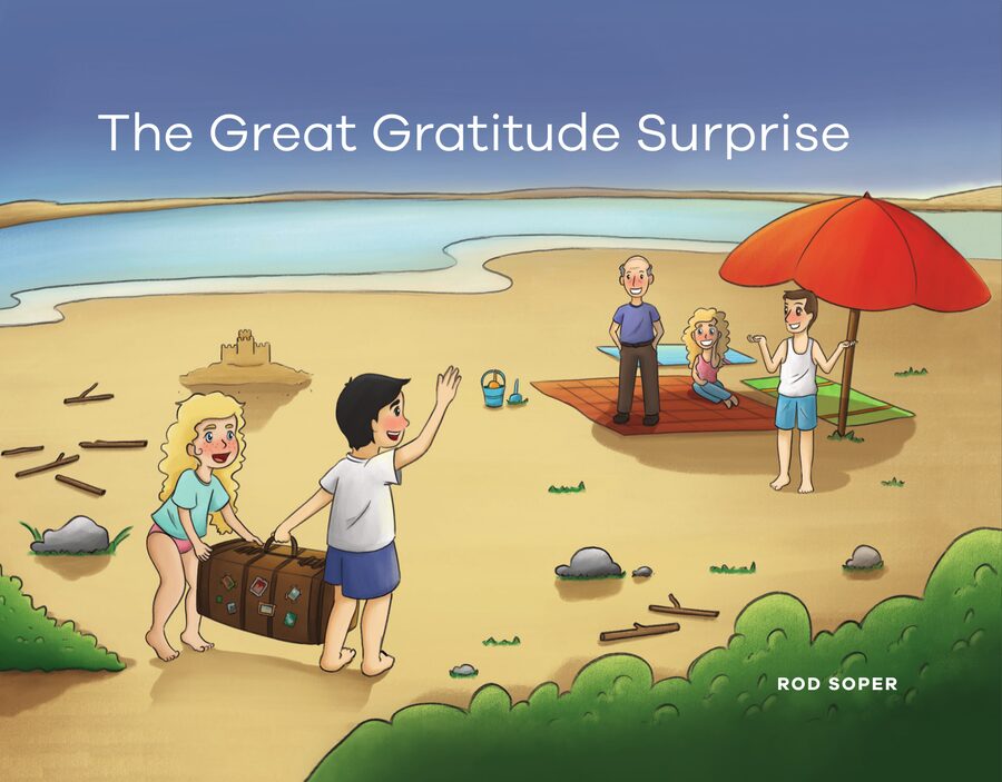 Cover of The Great Gratitude Surprise by Rod Soper, showing children with a suitcase on a beach